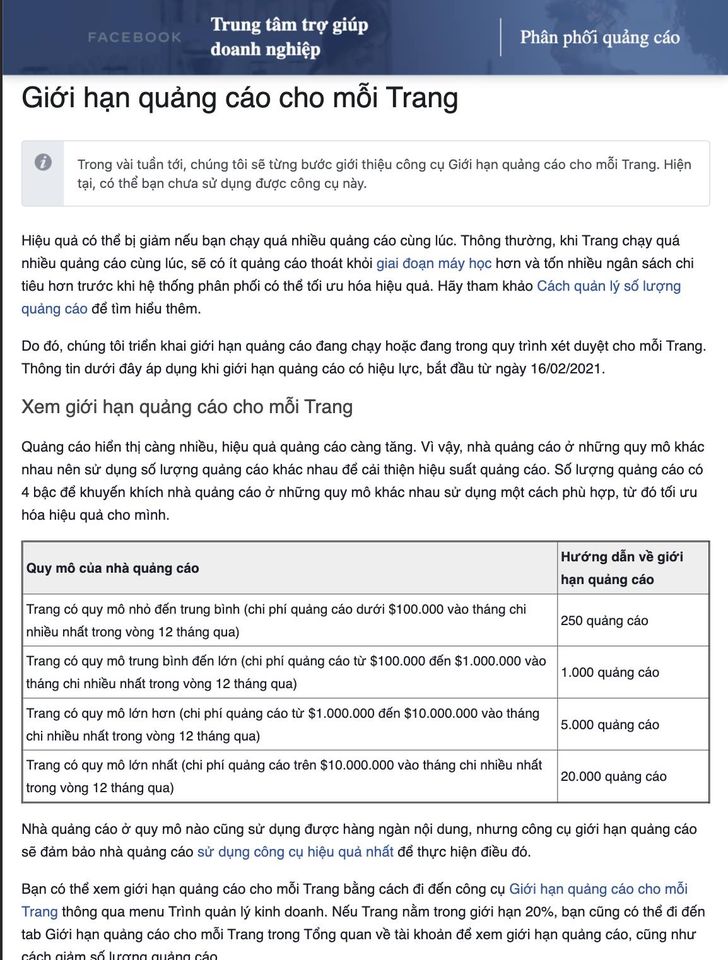 Facebook update giới hạn quảng cáo cho mỗi trang facebook thay doi gioi han quang cao